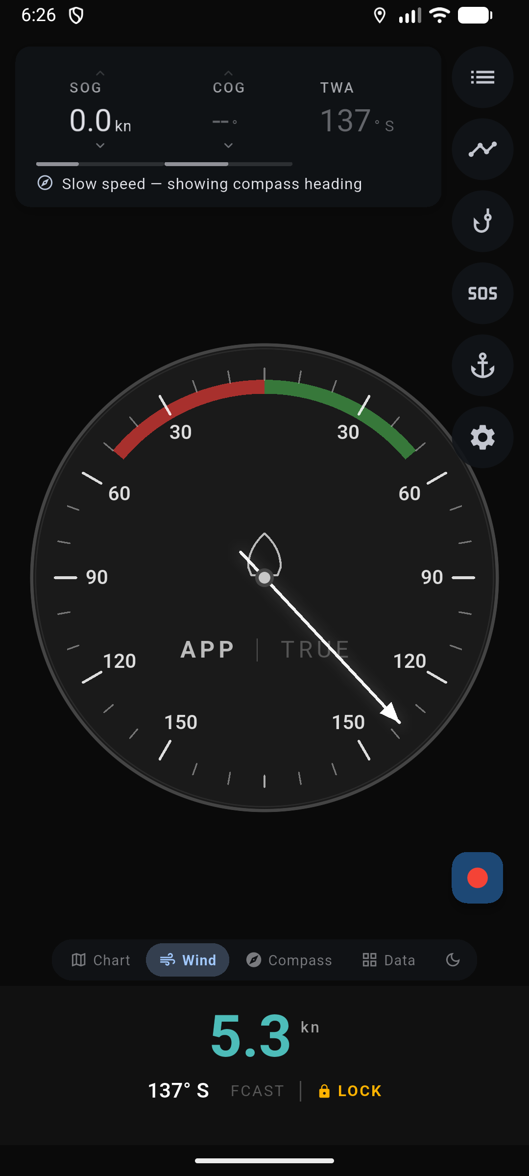Full-screen analog wind instrument: APP and TRUE on the face, needle at AWA, AWS digits, red port and green starboard close-hauled arcs.