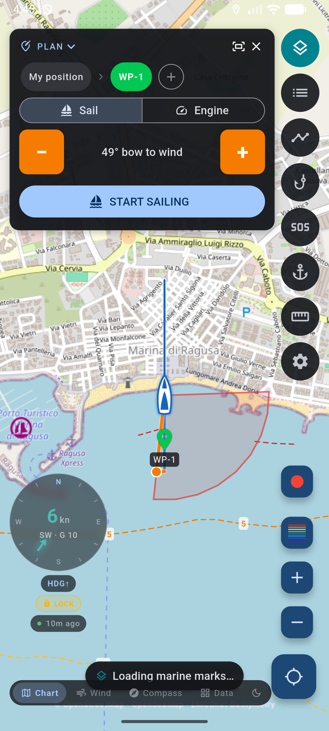 Beat planned to WP-2: BEATING UPWIND, Sail selected, passage rail from My position, Start sailing.