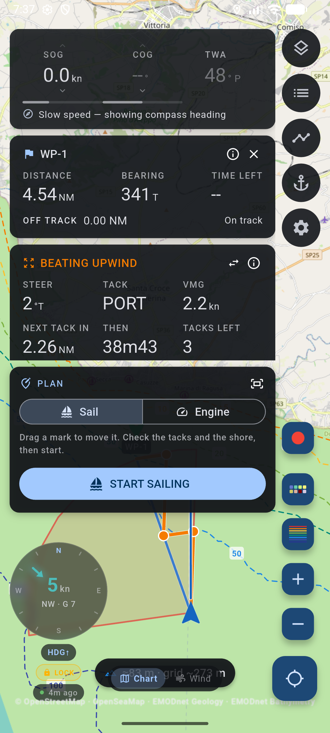 Beat planned to a mark upwind: BEATING UPWIND panel with Sail or Engine and Start sailing.