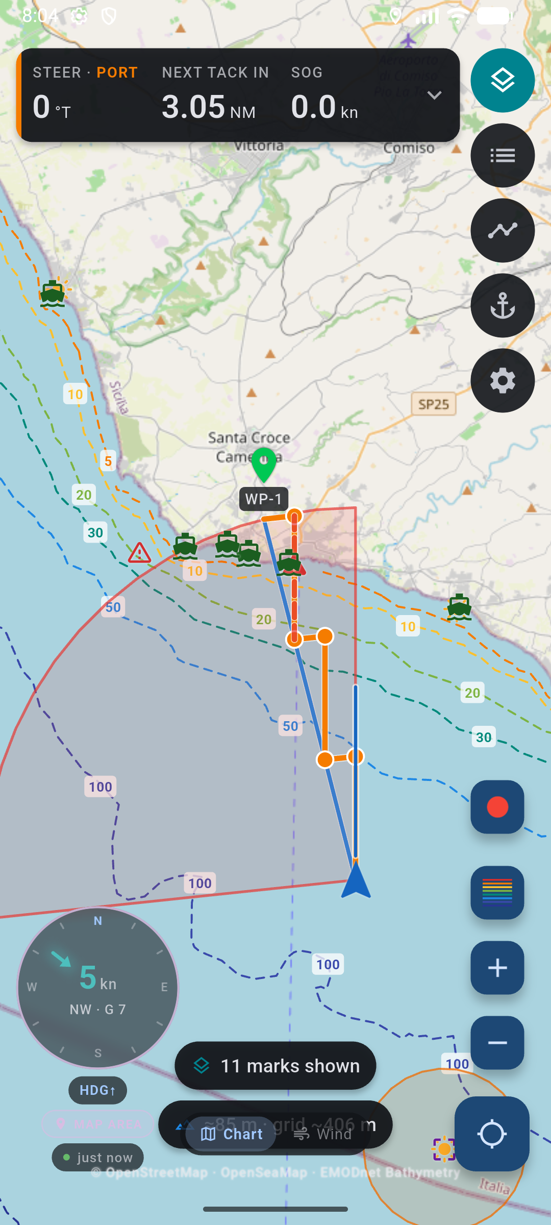 Fitted beat to WP-1: orange zigzag with tack points, blue rhumb line, next tack in 3.05 NM.