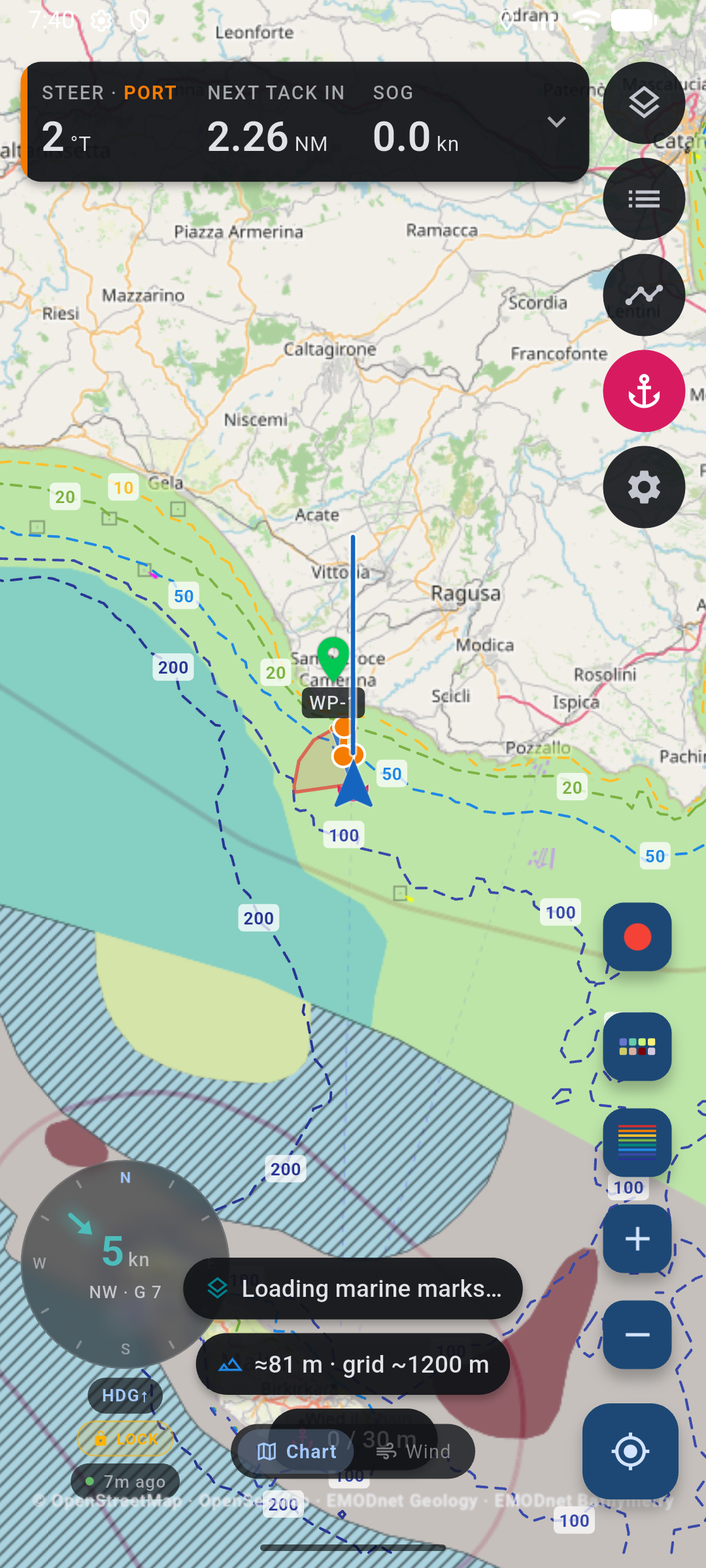 Nautical chart with dashed EMODnet depth contours labeled 20, 50, 100, and 200 meters.