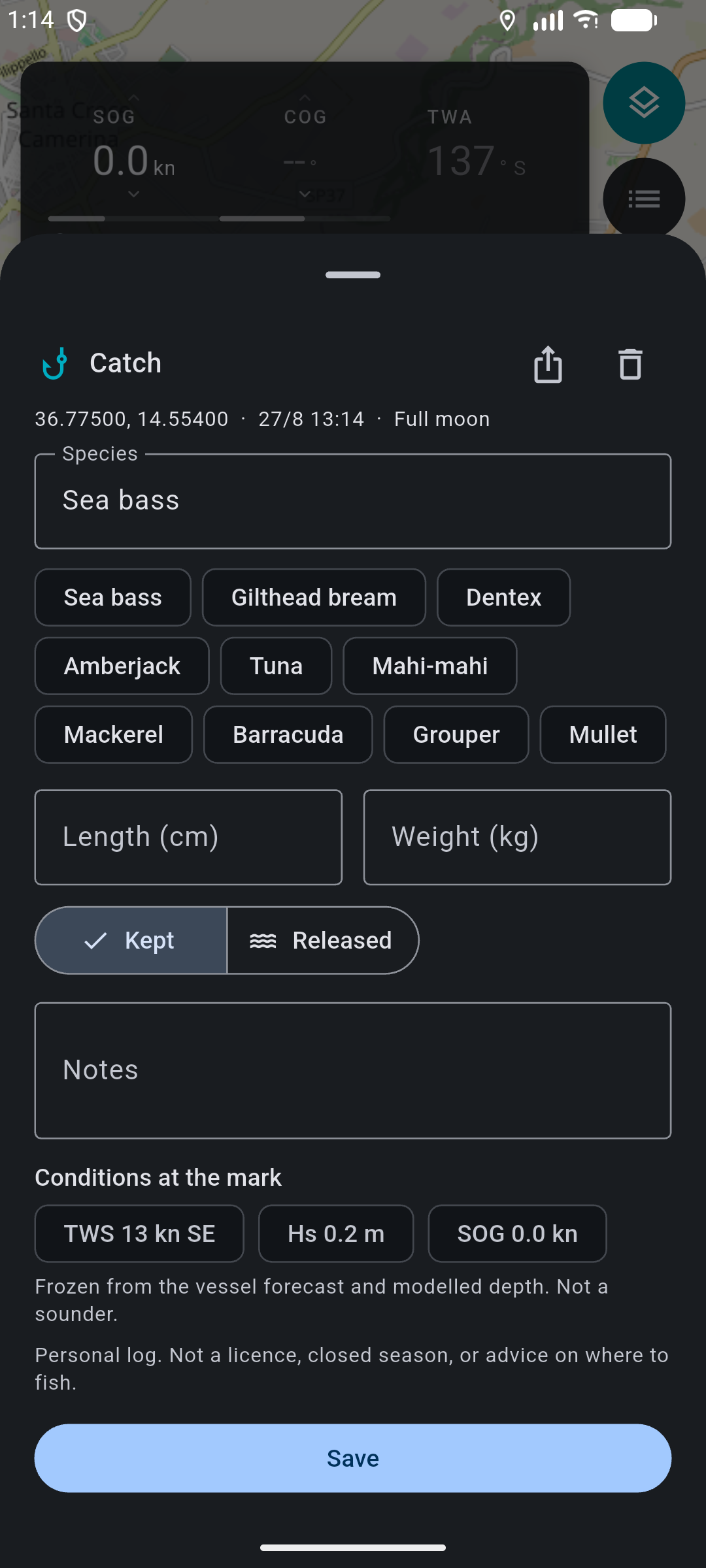 Catch sheet: Sea bass chip selected, Kept, frozen TWS 13 kn SE, Hs 0.2 m, SOG 0.0 kn, Save.